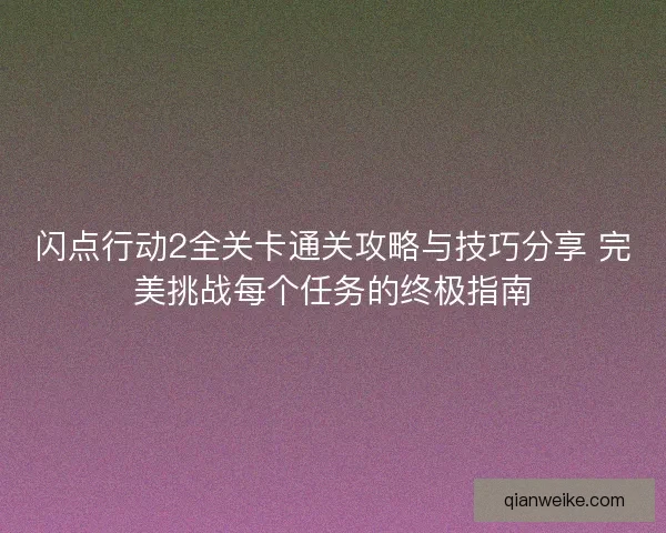 闪点行动2全关卡通关攻略与技巧分享 完美挑战每个任务的终极指南