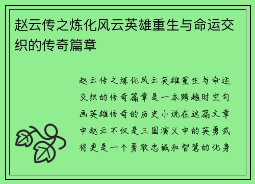 赵云传之炼化风云英雄重生与命运交织的传奇篇章